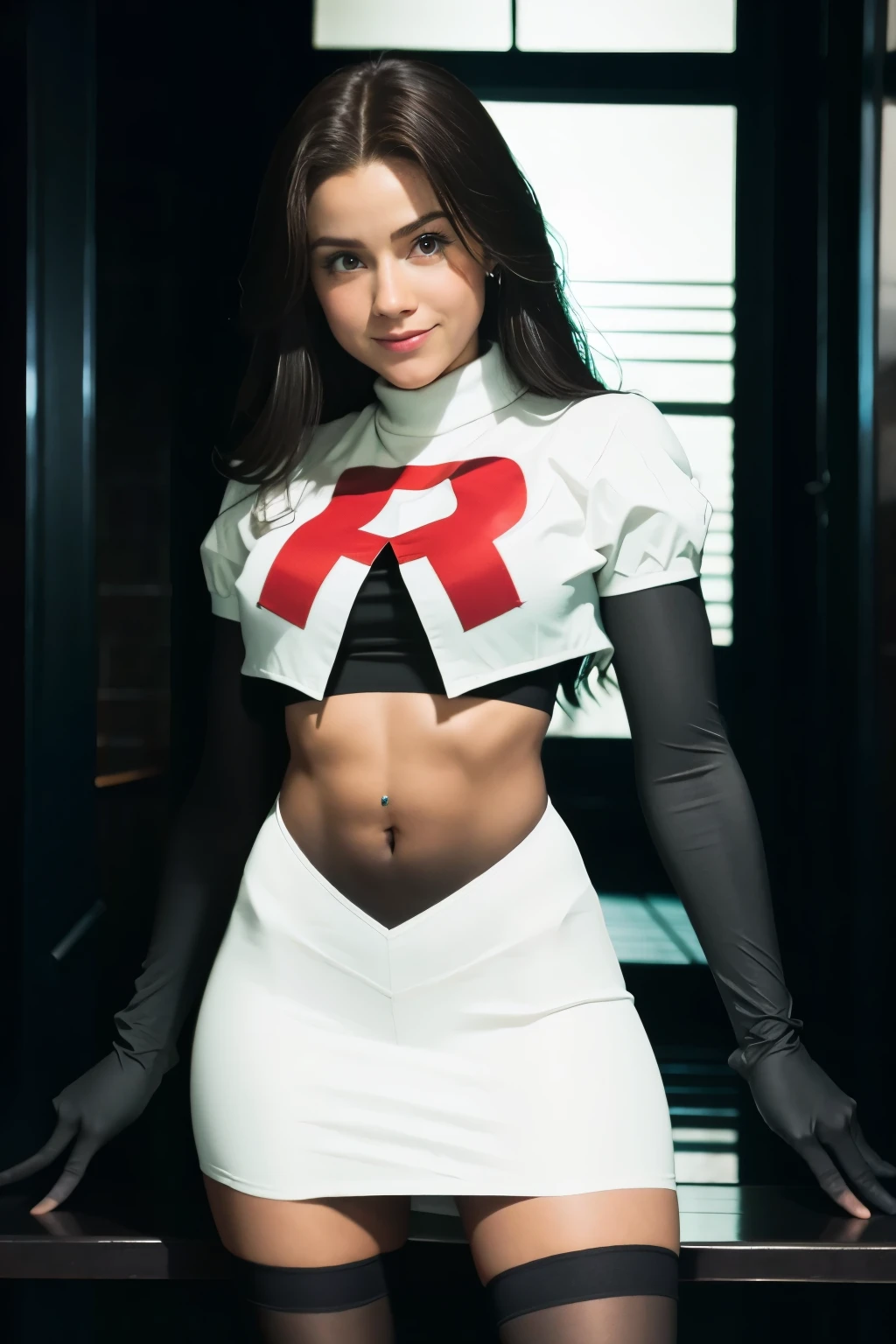 pernillamouritzen, a woman wearing team rocket,team rocket uniform,white skirt,red letter R,crop top,black thigh-highs,black elbow gloves,