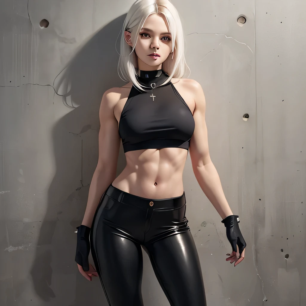 beautiful girl, military, white hair, bloody eyes, choker, cropped top, muscular abdomen, navel, black leather pants, spiked long gloves, wall,