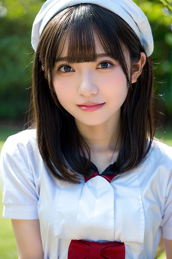 table top, highest quality, 8K, 16 years old, Ten generations, RAW photo, absurd, award-winning portraits, smile, smile, alone, daytime, idol face, violaces, delicate girl, Upper body, Digital single-lens reflex camera, looking at the viewer, Frank, Sophisticated, zora々right, thin arms, professional lighting, film grain, chromatic aberration, (Eye and face details:1.0), (Bokeh:1.1), (hyper pretty face:1.2)、(beautiful features:1.2), beautiful woman、Japan High School Girl Traditional Uniform、(white short sleeve sailor uniform:1.2), black haired、Middle straight hair、bangs、(Japanese)、short hair、