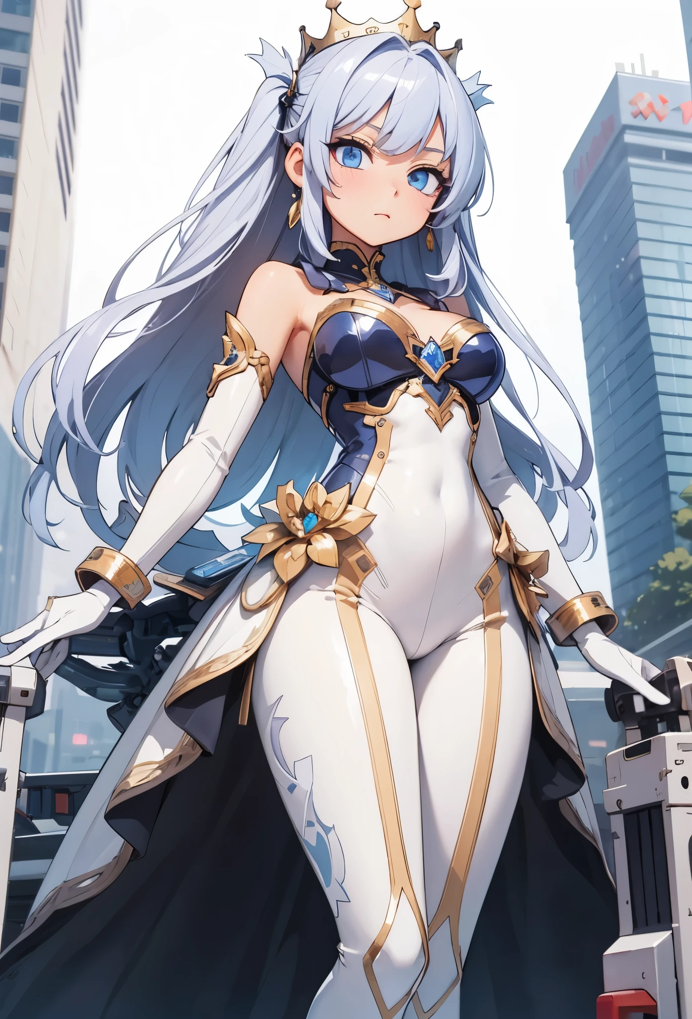 (detailed illustrations,Very detailed and precise drawing,Delicate drawn lines with tempo,Realistic texture expression),[color traced main line],[Modern city skyscrapers background],(ANIME)(A pure white GIANTROBOT Girl towering over the building area(SKINNY[SLENDER])),[AUTOMATON](A painstaking face like a sculpture[METALFACE[[clear lenticular iris]青白く発光するeyes like jewels]])[(MACHINEKNIGHT)[Titanium internal skeleton](Delicate thin fingers)]],((Elegant exterior with many curved surfaces[smooth body surface])(large crown [[large raised shoulder pad]])(Ruffle Petticoat)),[TITANWEAPON[It is called the princess lily of white porcelain]Mecha Body[Metal skin][Cable running down the body surface[gear]]],[Platinum coating],[Science fiction(mechanical)[Steampunk]],([beautiful and artistic decoration][Dense detail [White lily pattern]])[transparency],(detailed,High definition),(Precisely drawn face[(perfect and beautiful face)[eyes like jewels]]),[long and beautiful eyelashes],[precisely drawn hair [美しく艷やかな髪のdetailed]],(完璧な手のdetailed [Beautiful fingers with no damage [beautiful nails]]),(perfect anatomy(perfectly balanced proportions)),[ideal color coordination(Accurate simulation of light and material interactions)],([Precision Detail](detailed,High definition)),(Huge feeling[Total length 40 meters])[[full body portrait]][Visual art that tells a story].