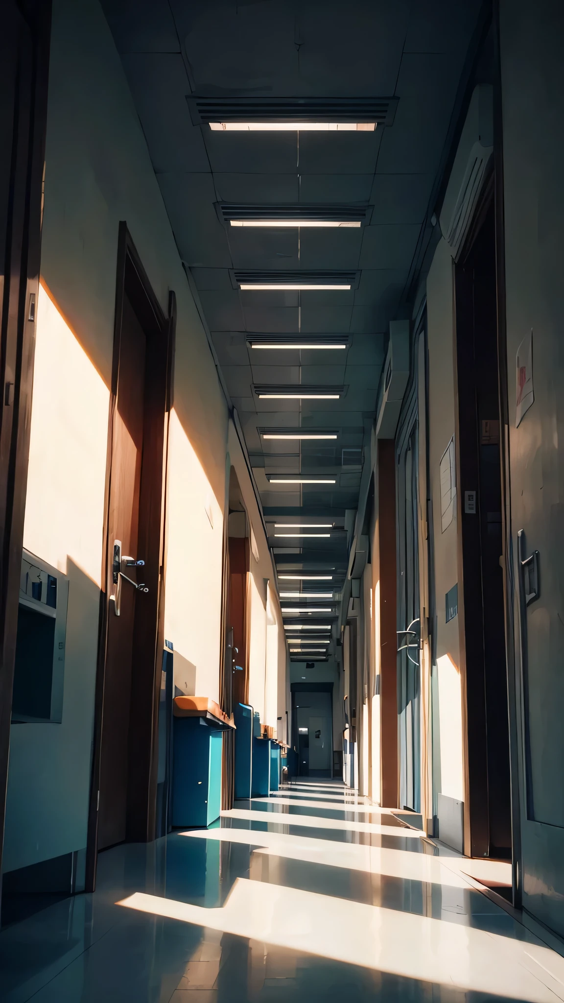 panoramic，Modern white hospital corridor，simple，long，There are some seats in both rows，There are some vague numbers，Head-up shooting