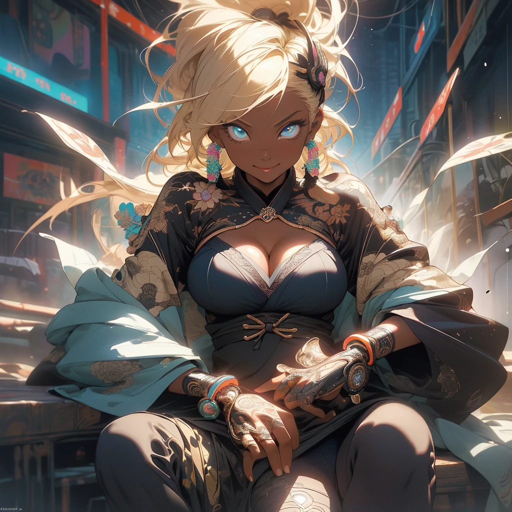 (((highest quality))),(((fine eyes))),(((32K))),(1 dark skinned girl),Fancy blonde,(tattoo),cyber punk,kimono,((luxurious and gorgeous)),shiny skin,earrings,Stylish costumes,((Super beautiful)),(perfect face),Japanese sword,ultimate texture,official art,Ukiyo-e,((stylish)),photograph,perfect body,smile,Bewitching,best image quality,super clear,genuine,fantasy,(Near the future),ninja,((perfect eyes)),big breasts,((Perfect cleavage)),highlight,挑発的なsmile,stick out tongue,Mechanical,mandala,Pouring rain,majestic,apotheosis,fractal art:(1.3),perfect lighting,colorful,((In underwear)),crow,