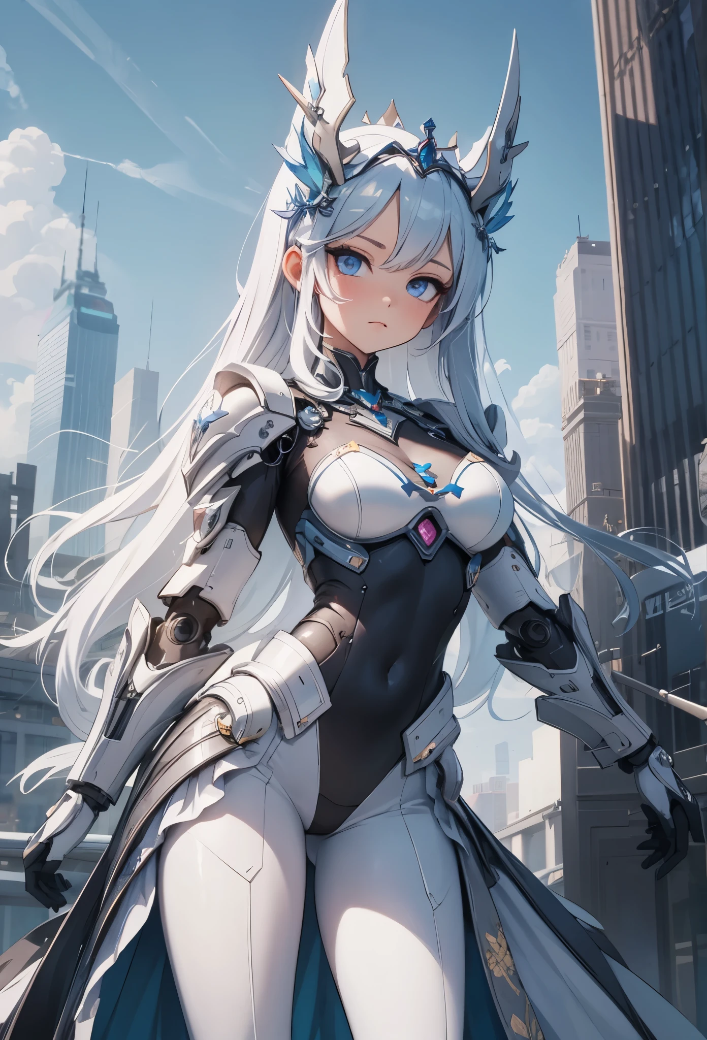 (detailed illustrations,Very detailed and precise drawing,Delicate drawn lines with tempo,Realistic texture expression),[color traced main line],[Modern city skyscrapers background],(ANIME)(A pure white GIANTROBOT Girl towering over the building area(SKINNY[SLENDER])),[AUTOMATON](A painstaking face like a sculpture[METALFACE[[clear lenticular iris]青白く発光するeyes like jewels]])[(MACHINEKNIGHT)[Titanium internal skeleton](Delicate thin fingers)]],((Elegant exterior with many curved surfaces[smooth body surface])(large crown [[large raised shoulder pad]])(Ruffle Petticoat)),[TITANWEAPON[It is called the princess lily of white porcelain]Mecha Body[Metal skin][Cable running down the body surface[gear]]],[Platinum coating],[Science fiction(mechanical)[Steampunk]],([beautiful and artistic decoration][Dense detail [White lily pattern]])[transparency],(detailed,High definition),(Precisely drawn face[(perfect and beautiful face)[eyes like jewels]]),[long and beautiful eyelashes],[precisely drawn hair [美しく艷やかな髪のdetailed]],(完璧な手のdetailed [Beautiful fingers with no damage [beautiful nails]]),(perfect anatomy(perfectly balanced proportions)),[ideal color coordination(Accurate simulation of light and material interactions)],([Precision Detail](detailed,High definition)),(Huge feeling[Total length 40 meters])[[full body portrait]][Visual art that tells a story].