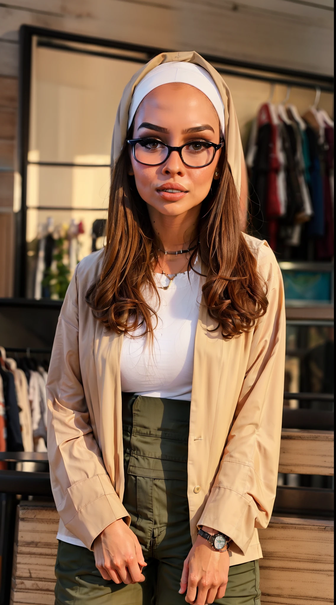 Cute Malay woman in a dark green oversized shirt and high waist formal pants and trench coat in front of a yellow background seating on a bar stool, glasses, hijab, white sneakers, white thick daddy shoes, mira filzah, full body photography, photo of young malay woman, full shot portrait, in yellow background