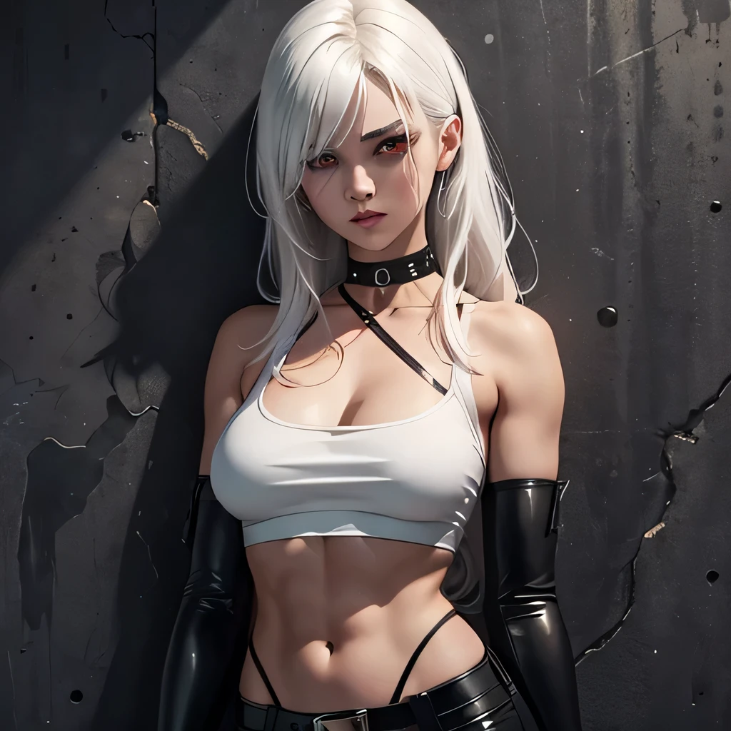 beautiful girl, military, white hair, bloody eyes, choker, cropped top, muscular abdomen, navel, black leather pants, spiked long gloves, wall,