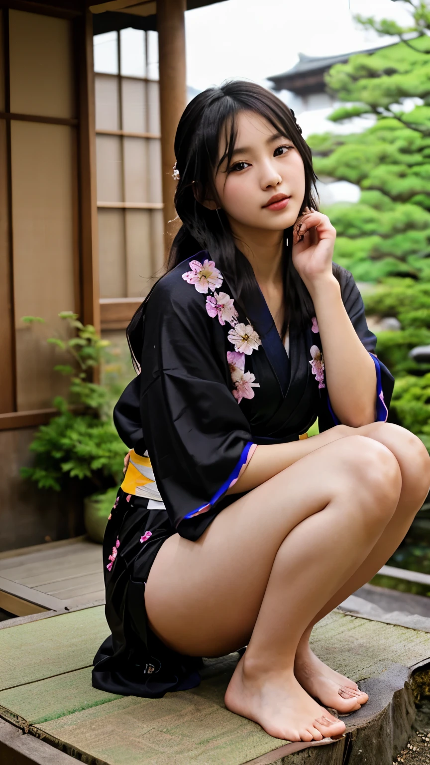 最high quality、high quality、best image quality、8K、最High resolution、High resolution、最high quality、masterpiece、realistic pictures、RAW photo、realistic atmosphere、(detailed face)、(fine hands、thumb1reference4)、(beauty of japan )、very nice face、cute face、((beautiful japanese girl))、(woman), ((18 year old beautiful girl))、(glossy black hair)、(straight long hair)、(ponytail)、whole body、slim style、(shiny skin)、(Fair skin, Glossy skin)、real human skin、realistic human body structure、perfect body, perfect face, perfect hands, perfect fingers, perfect lips, perfect eyes,perfect teeth、perfect background, perfect atmosphere,look at the camera、 soft natural light、samurai kimono、maiko kimono、servant、geisha kimono、Depictions of sex、The shape of the nipple is clearly visible、The shape of the genitals is clearly visible、japanese kimono、Furisode、kimono、Yukata、japanese traditional、Inside the samurai residence garden、((Transparent see-through(flowery kimono、Hakama with side slits))、((sit on the stump with your knees bent(Pose that makes your thighs look beautiful))