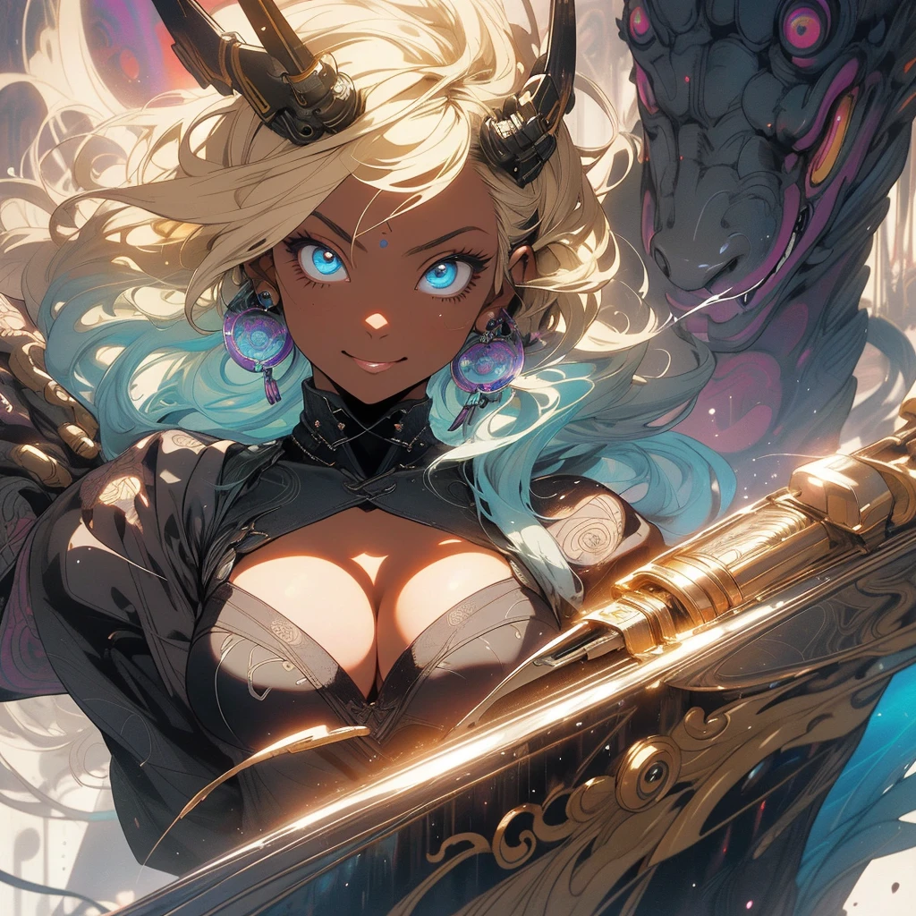 (((highest quality))),(((fine eyes))),(((32K))),(1 dark skinned girl),Fancy blonde,(tattoo),cyber punk,kimono,((luxurious and gorgeous)),shiny skin,earrings,Stylish costumes,((Super beautiful)),(perfect face),Japanese sword,ultimate texture,official art,Ukiyo-e,((stylish)),photograph,perfect body,smile,Bewitching,best image quality,super clear,genuine,fantasy,(Near the future),ninja,((perfect eyes)),big breasts,((Perfect cleavage)),highlight,挑発的なsmile,stick out tongue,Mechanical,mandala,Pouring rain,majestic,apotheosis,fractal art:(1.3),perfect lighting,colorful,((In underwear)),crow,