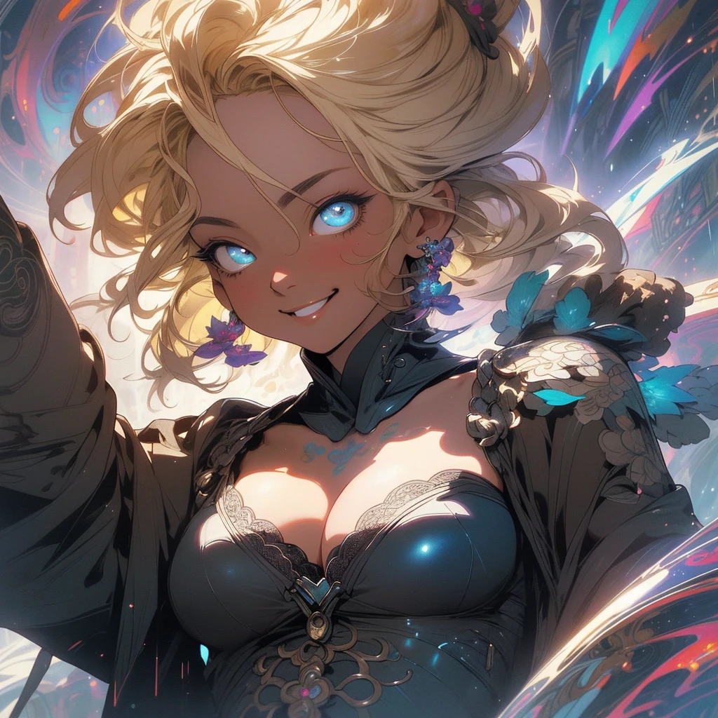 (((highest quality))),(((fine eyes))),(((32K))),(1 dark skinned girl),Fancy blonde,(tattoo),cyber punk,kimono,((luxurious and gorgeous)),shiny skin,earrings,Stylish costumes,((Super beautiful)),(perfect face),Japanese sword,ultimate texture,official art,Ukiyo-e,((stylish)),photograph,perfect body,smile,Bewitching,best image quality,super clear,genuine,fantasy,(Near the future),ninja,((perfect eyes)),big breasts,((Perfect cleavage)),highlight,挑発的なsmile,stick out tongue,Mechanical,mandala,Pouring rain,majestic,apotheosis,fractal art:(1.3),perfect lighting,colorful,((In underwear)),crow,