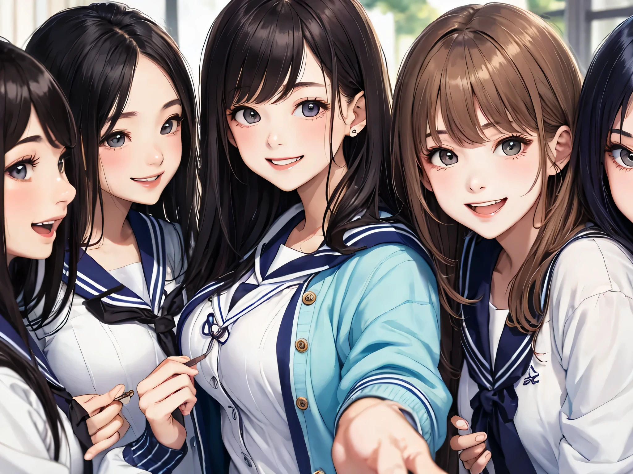 highest quality、High resolution、High resolution、Beautiful teenage girl、Four women,sailor suit,cute hairstyle,perfect skin,huge breasts、Look at me happily、smile、laughter、sexual expression、Upper body、Cute colored school cardigan