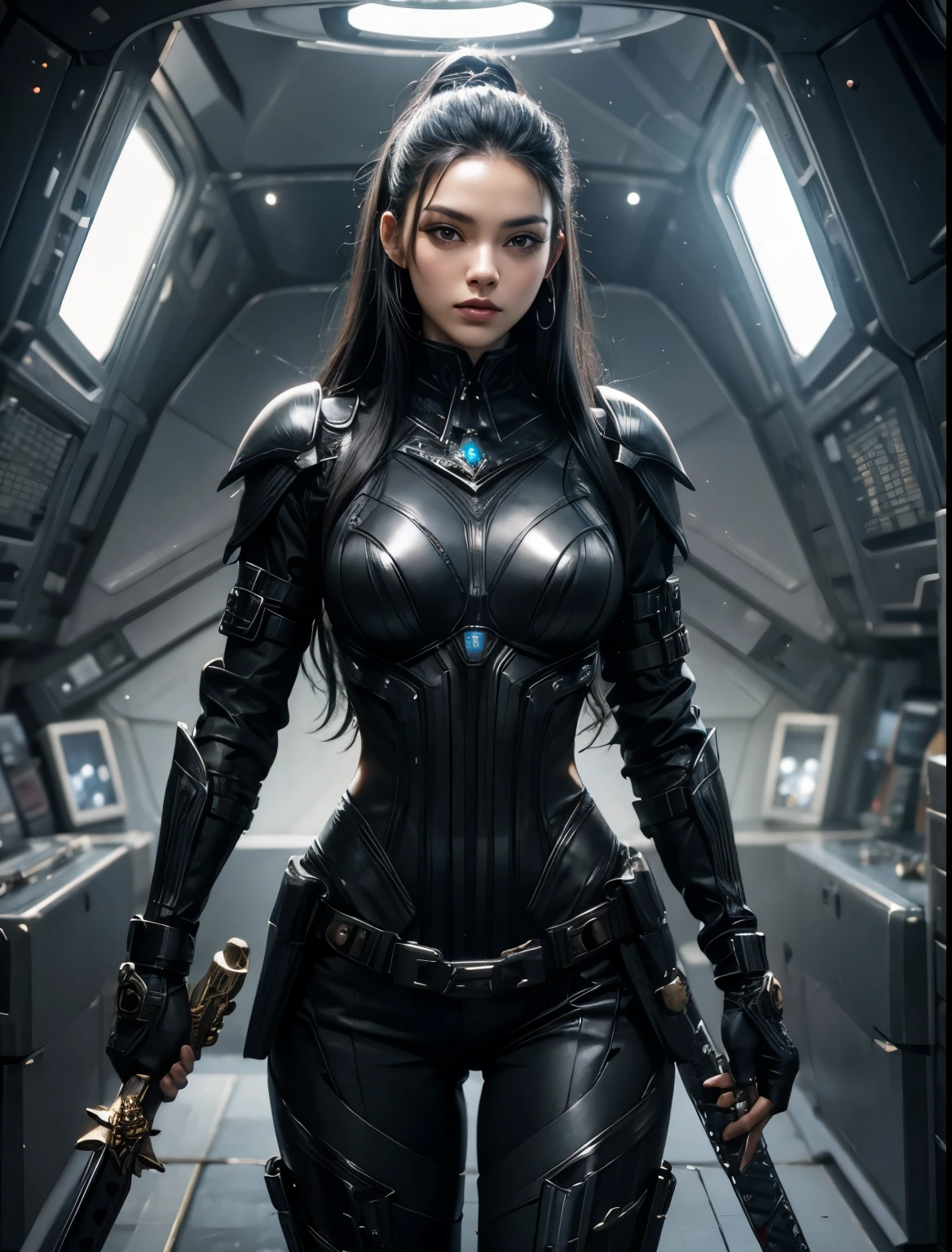 A beautiful woman. He has long black hair. She wears a metallic black battle uniform. There is something on his waist that is reminiscent of Kamen Rider's transformation belt. She holds a sword in both hands. She's inside a spaceship. Twenty years old.