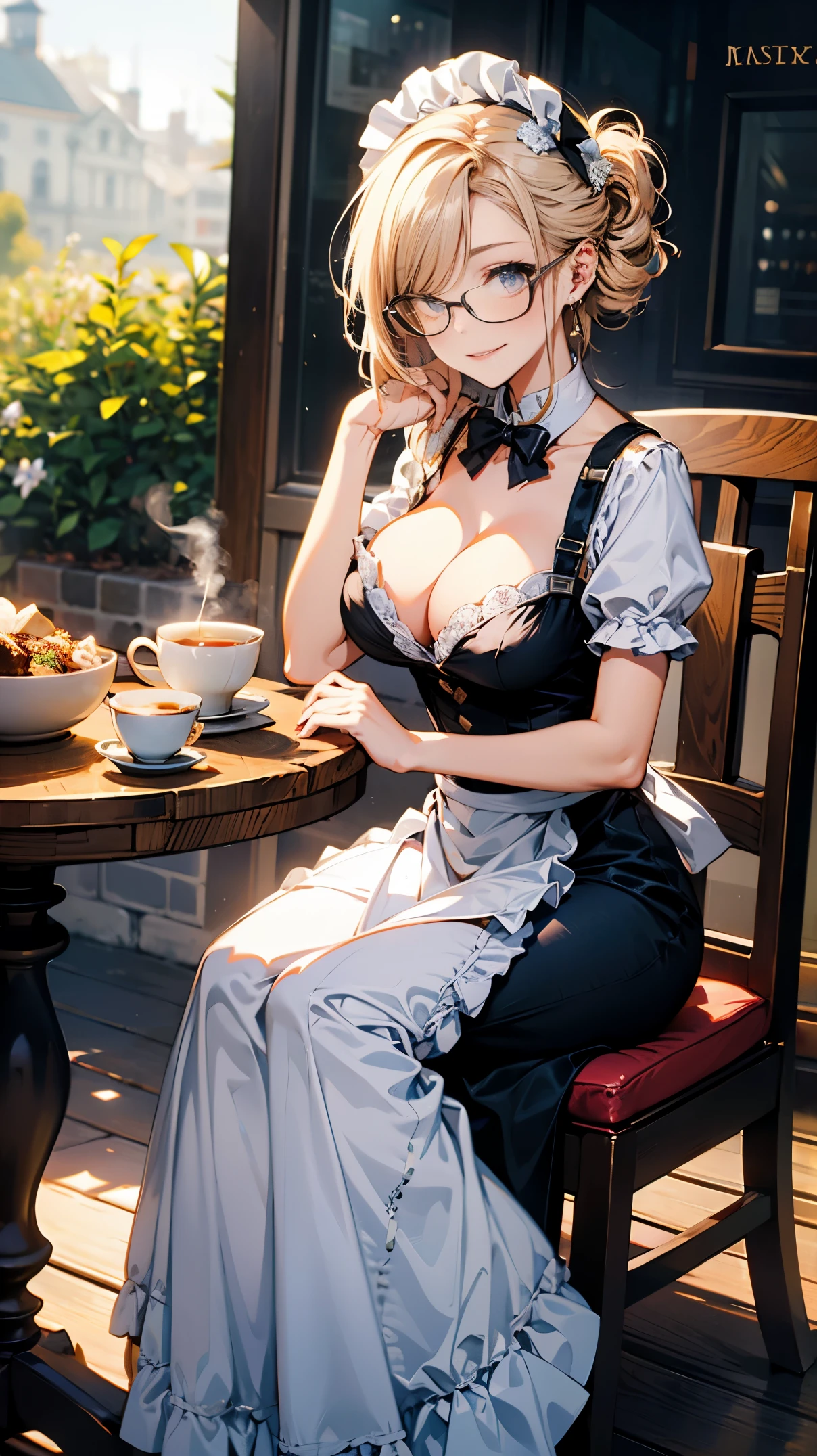 (best quality, masterpiece), (ultra high resolution, 8K RAW photo, photo realistics:1.5, cinematic lighting, textile shading, thin outline, clear focus:1.2), Beautuful Matured woman preparing tea_party in the garden, standing by the round table, dispensing a cup of tea, leaning forward, (meisen's tea set, tea pot, tea cups, some cakes on dish), delicate and classy Roman style white table with gold accents and royal_blue, wearing light_brown maid uniform, breast cleavage, maid costume:1.2, long flare skirts, apron, bow ties on the chest, long tall sally, long legs, white hair, (wearing thin-flame glasses:1.2), (milf:1.5, 28 years old, solo), (large breast, sagging breast, big tits, narrow waist), (medium short white hair, hair over one eye, (updo hair:1.2), side lock, asymmetric hair, wavy hair), (bright pupils, fine detailed eyes with highlight, high detailed face, Perfect face shape, eye rush), (seductitve smiling, half-closing eyes:1.2), (looking at viewers:1.3), (dutch angle, full body, from below:1.2), ((correct anatomy:1.5, correct hands)), (ideal ratio of body proportions), (outdoor:1.2, grass field), 