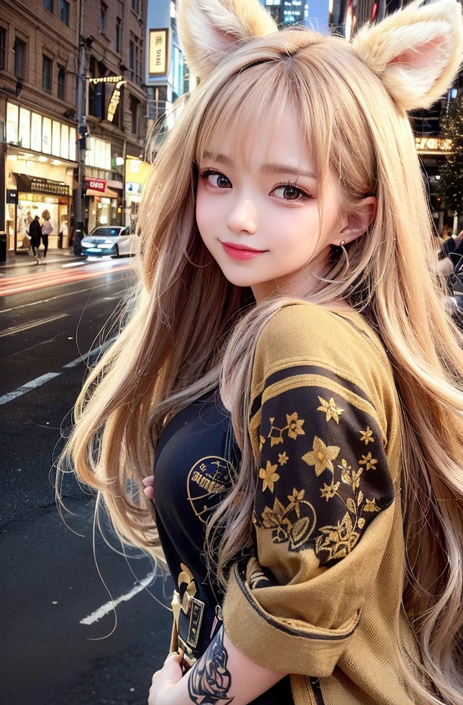 ((night、real light、highest quality、8K image、masterpiece:1.3))、非常にdetailed eyes、highly detailed face、Highly detailed skin texture、(Beautiful girl with normal body type:1.4)、(beautiful hair of light brown color:1)、loose one piece clothing、cute、earrings、bangle、Pin Heel Boots、On a date、Dark eyeliner、look at the viewer、blush cheeks、super detailed face、detailed eyes、Happiness、A big smile、office Street、main street、watching from behind、buckshot