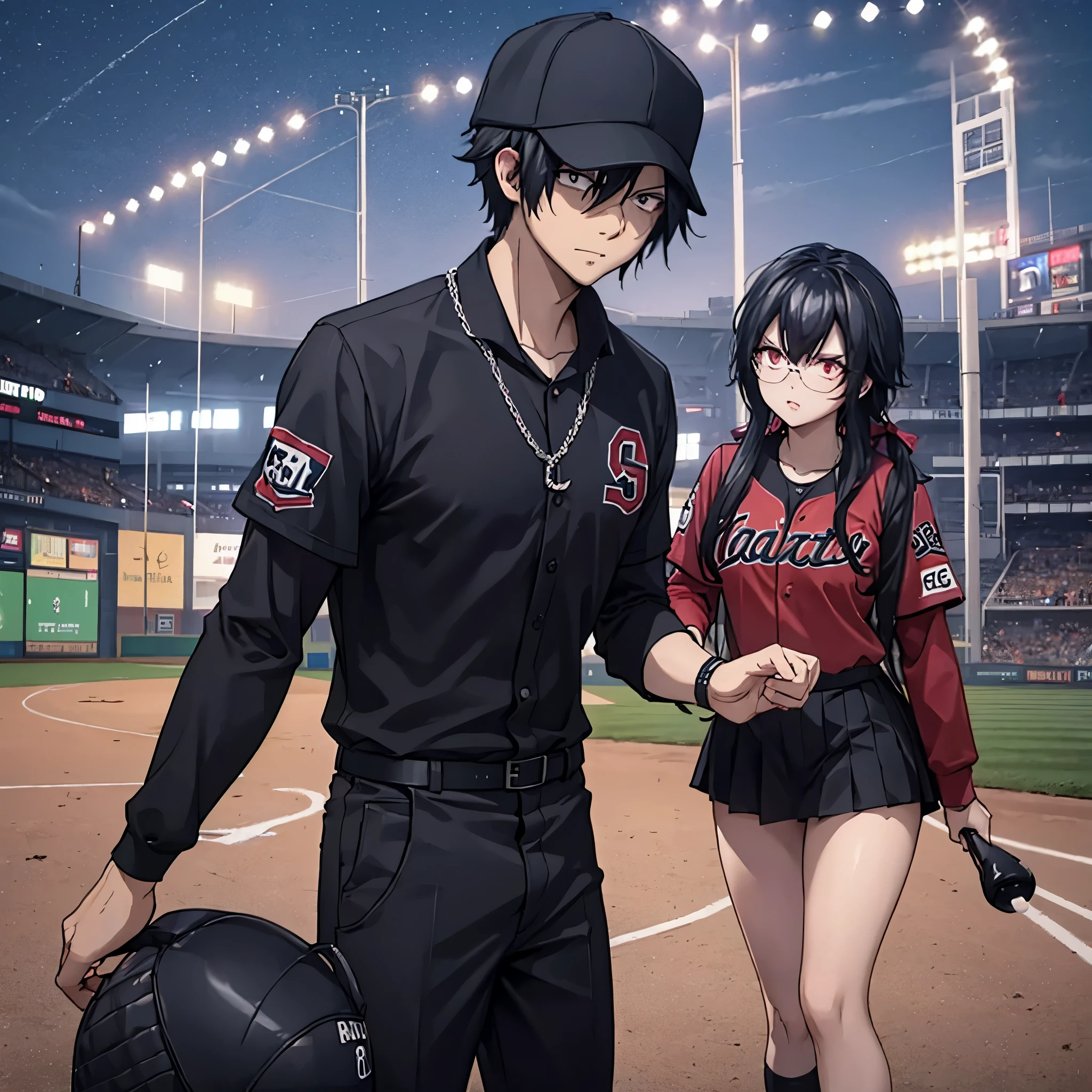 A man in a black baseball outfit together with a woman (eye red) in a baseball outfit on the baseball field at night
