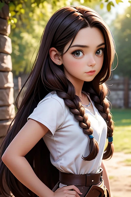 (Obra maestra, La mejor calidad) young 18 year old woman, Cabello largo, ojos azules, cabello rubio, brown hair, tenencia, boca cerrada, Parte superior del cuerpo, arma, trenza, al aire libre, tenencia arma, armadura vikinga, Profundidad de campo, realista.