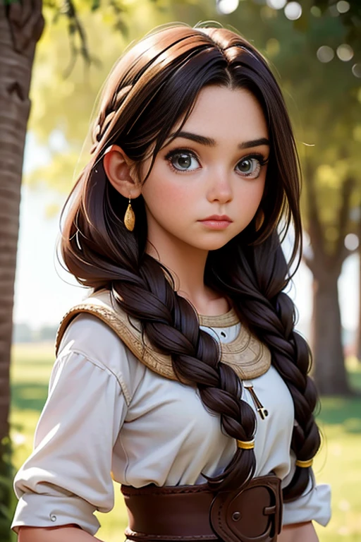(Obra maestra, La mejor calidad) young 18 year old woman, Cabello largo, ojos azules, cabello rubio, brown hair, tenencia, boca cerrada, Parte superior del cuerpo, arma, trenza, al aire libre, tenencia arma, armadura vikinga, Profundidad de campo, realista.
