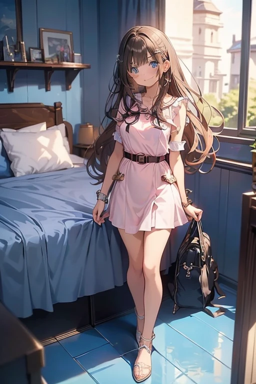 masterpiece++, best quality++, ultra-detailed+, extremely detailed++, 4K, 8K+, best quality, beautiful+, anime style,1person,full body image,room,pink girly white mimi onepiece dress,leather belt,tight belt,beautiful straight brown hair,beautiful blue eyes, beautiful eyes++,long straight hair