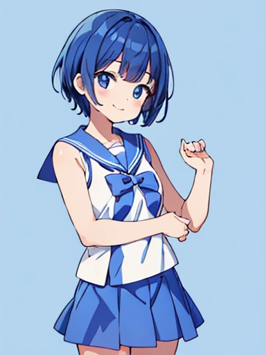 Illustration of smiling beautiful girl holding out towel with both hands toward front, short-sleeved sailor uniform, bouncy bangs, short collared back hair, blue hair, short hair, blue skirt,. 