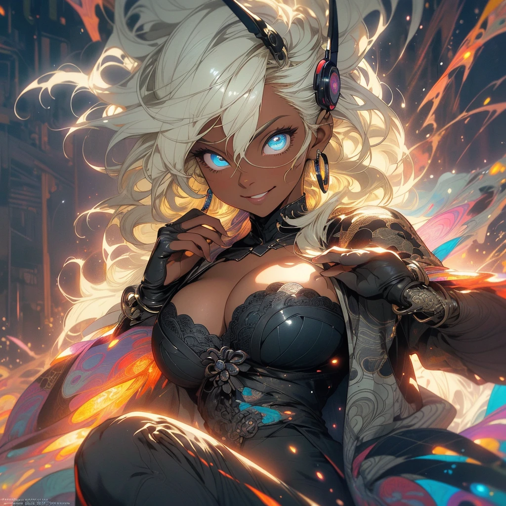 (((highest quality))),(((fine eyes))),(((32K))),(1 dark skinned girl),Fancy blonde,(tattoo),cyber punk,kimono,((luxurious and gorgeous)),shiny skin,earrings,Stylish costumes,((Super beautiful)),(perfect face),Japanese sword,ultimate texture,official art,Ukiyo-e,((stylish)),photograph,perfect body,smile,Bewitching,best image quality,super clear,genuine,fantasy,(Near the future),ninja,((perfect eyes)),big breasts,((Perfect cleavage)),highlight,挑発的なsmile,stick out tongue,Mechanical,mandala,Pouring rain,majestic,apotheosis,fractal art:(1.3),perfect lighting,colorful,((In underwear)),crow,