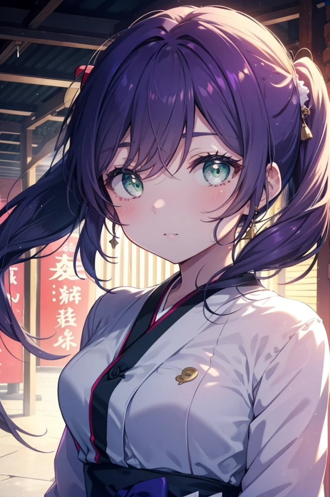 Nozomi Tōjō, Nozomi Tojo, (green eyes:1.5), purple hair, twin tails, low twin tails, Scrunchie, long hair, (big breasts:1.2),笑顔
break hakama, same as skirt, kimono, Miko, Red too, long sleeve,shrine,outdoor,Cleaning with a long broom,noon,bright,
break (masterpiece:1.2), highest quality, High resolution, unity 8k wallpaper, (figure:0.8), (beautiful and fine eyes:1.6), highly detailed face, perfect lighting, Very detailed CG, (perfect hands, perfect anatomy),