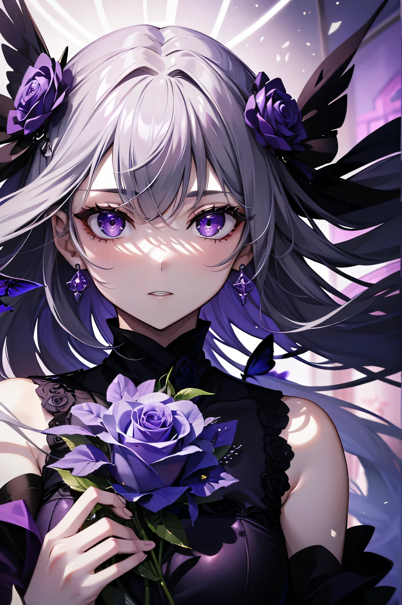 (debris flies, highest quality, ultra high resolution),1 girl,suit, , beautiful and detailed face, fine eyes,((gray and purple theme)),I have a bouquet、purple rose