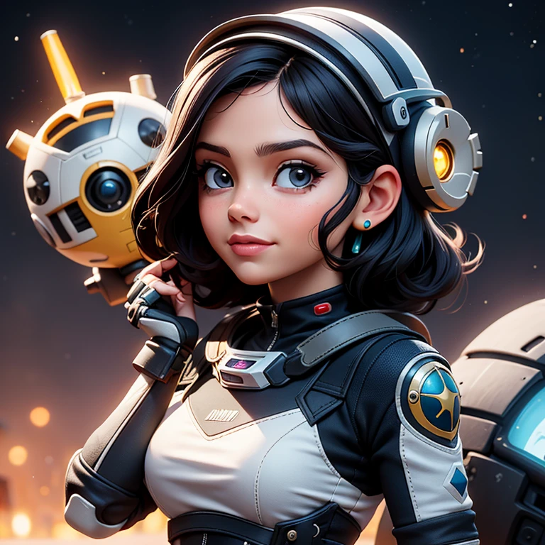 Jovencita, armadura, Science fiction, aventurera, pistola, falda corta, sexy, brazo de robot, cabello largo, sonriendo, cabello negro, galactic setting. 