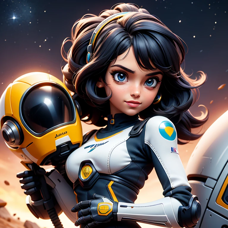 Jovencita, armadura, Science fiction, aventurera, pistola, falda corta, sexy, brazo de robot, cabello largo, sonriendo, cabello negro, galactic setting. 