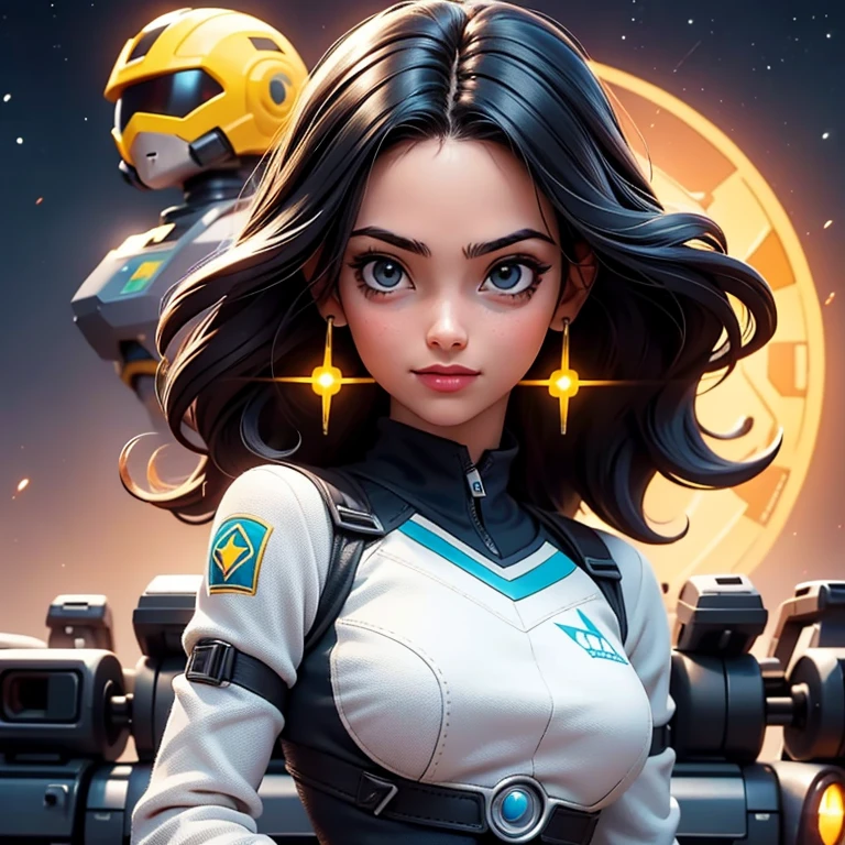 Jovencita, armadura, Science fiction, aventurera, pistola, falda corta, sexy, brazo de robot, cabello largo, sonriendo, cabello negro, galactic setting.