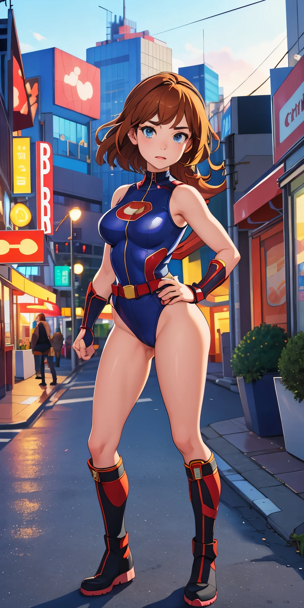 1girl, superhero, leotard, bare legs, boots, standing, solo focus, tight belt, hands on hip, full body shot, mature lady, city backdrop, sleeveless, ultra highres, absurdres, beautiful face, detailed eyes, symmetric eyes