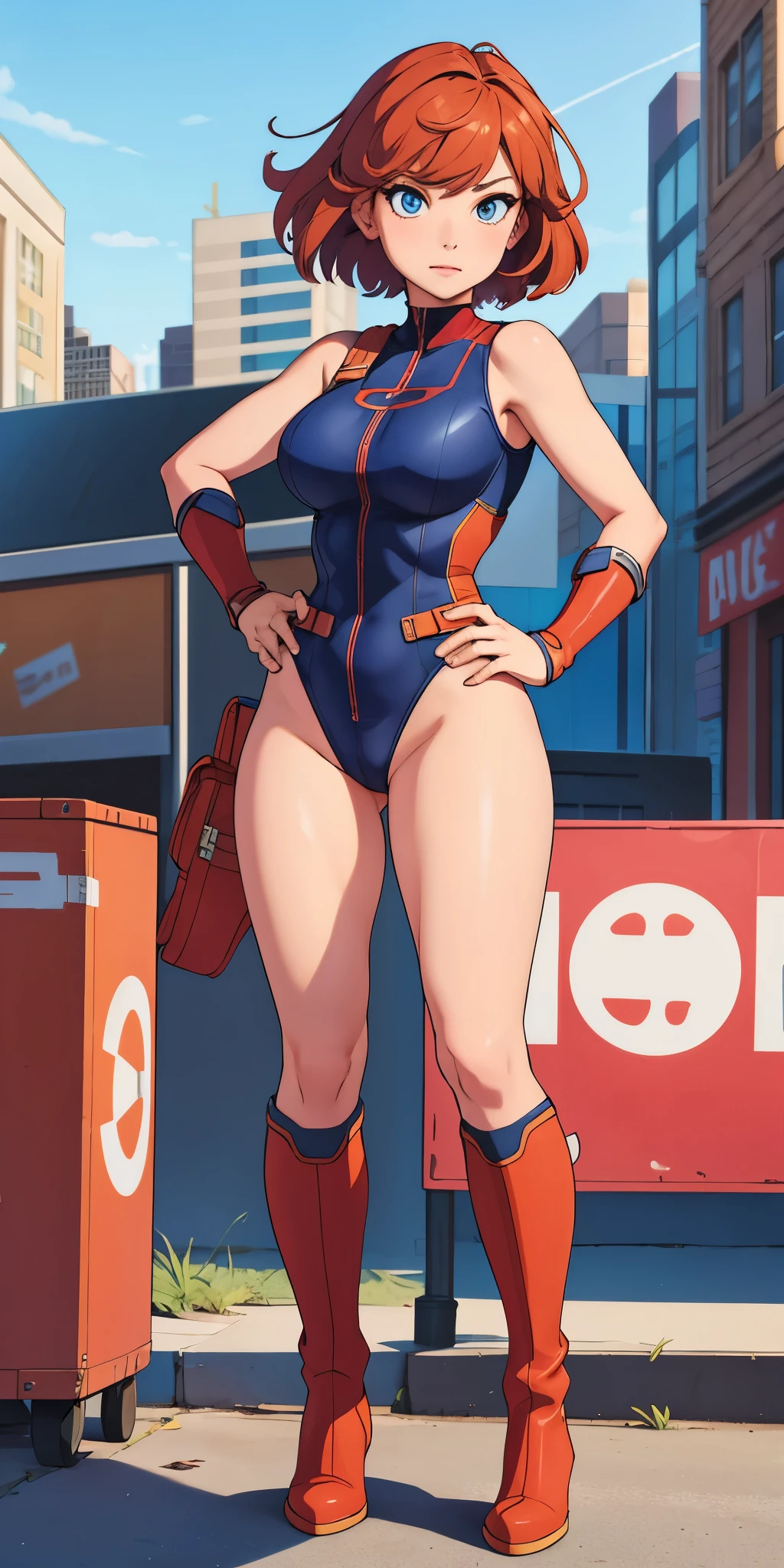 1girl, superhero, leotard, bare legs, boots, standing, solo focus, tight belt, hands on hip, full body shot, mature lady, city backdrop, sleeveless, ultra highres, absurdres, beautiful face, detailed eyes, symmetric eyes