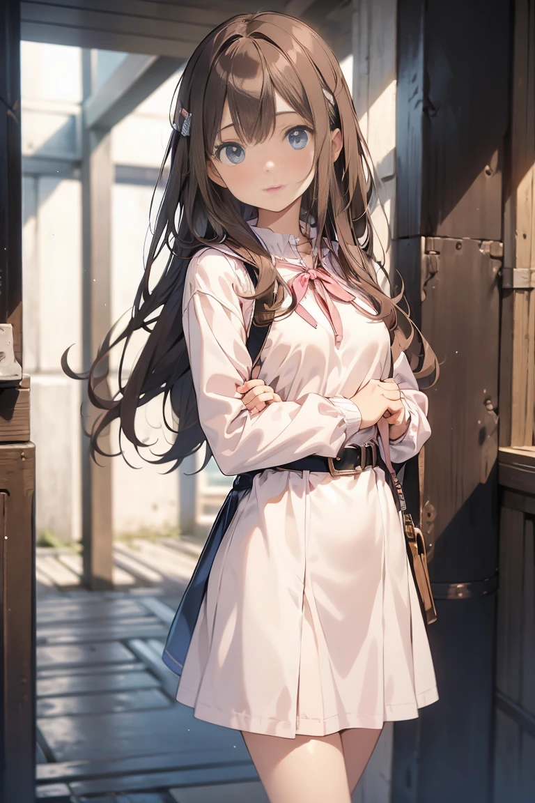 masterpiece++, best quality++, ultra-detailed+, extremely detailed++, 4K, 8K+, best quality, beautiful+, anime style,1person,full body image,room,pink girly white mimi onepiece dress,leather belt,tight belt,beautiful straight brown hair,beautiful blue eyes, beautiful eyes++,long straight hair