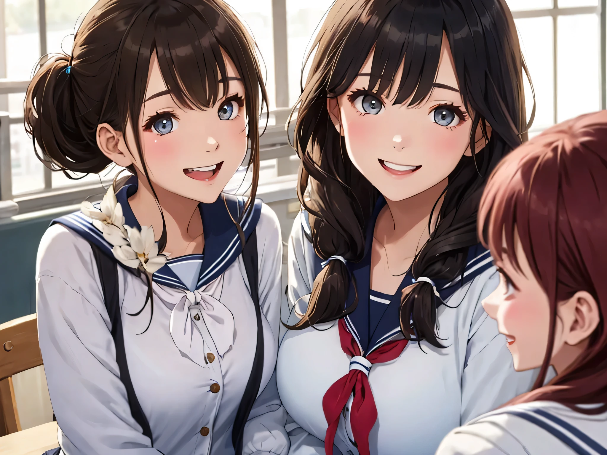 highest quality、High resolution、High resolution、Beautiful teenage girl、Four women,sailor suit,cute hairstyle,perfect skin,huge breasts、Look at me happily、smile、laughter、sexual expression、Upper body、Cute colored school cardigan