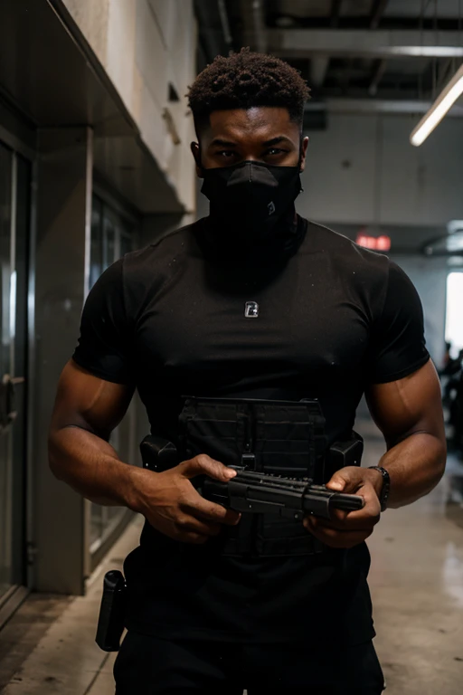 strong black man wearing a mask and with a machine gun in his hand