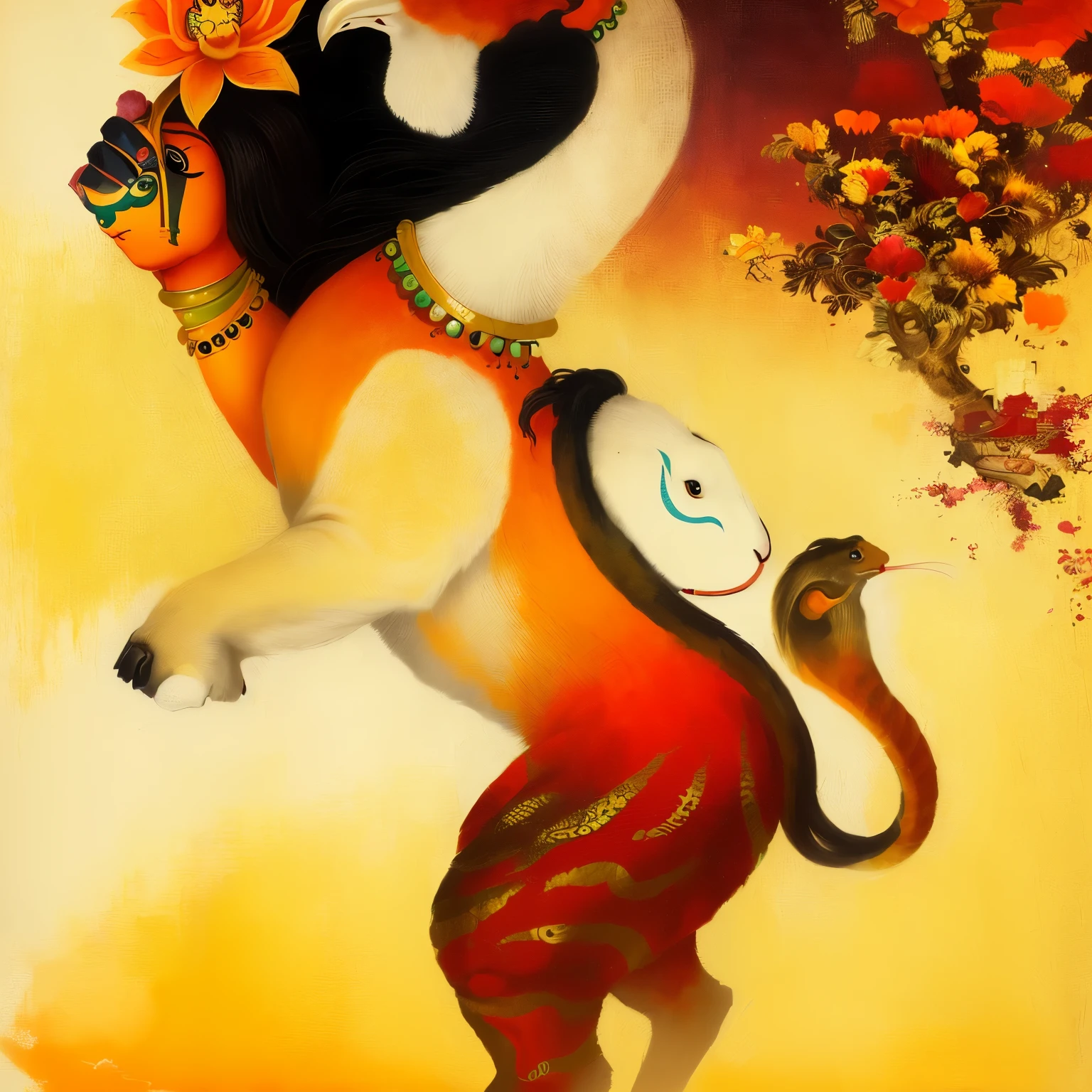 part rooster, part lion, part snake, part peacock, part elephant, part bull, part deer, part horse and part human Mythic animal of a rooster riding a tiger with a flower in its mouth, kalighat highly detailed, mythological painting, kalighat, kalighat flowers, beautiful painting of a tall, hindu god, traditional painting, high detail painting, indian god, detailed painting, reinassance painting, kalighat hanuman!! head building, hindu art, ganesha