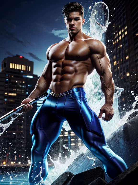 male model Muscle man big muscle, abs, Caucasian, whit blue Bixie hair flown to the air and 30 years old, wearing a sailor mercury outfit (sky blue). doing dynamic pose, with water musical instrument harp. in black city background whit blue bubbles around, bubbles, lights , flashes of light. Full Shot, high definition, perfect detail, photo, photorealistic