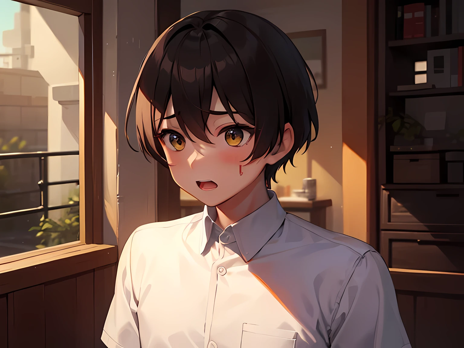 (1 young boy), (absurdres, highres, ultra detailed), half body illustration, front lighting, young boy, black hair, shorthair, scratched face full of wounds, bloody face, yellow eyes, white shirt, finely drawn eyes and detailed face, after a fight, korean school, school in the background
