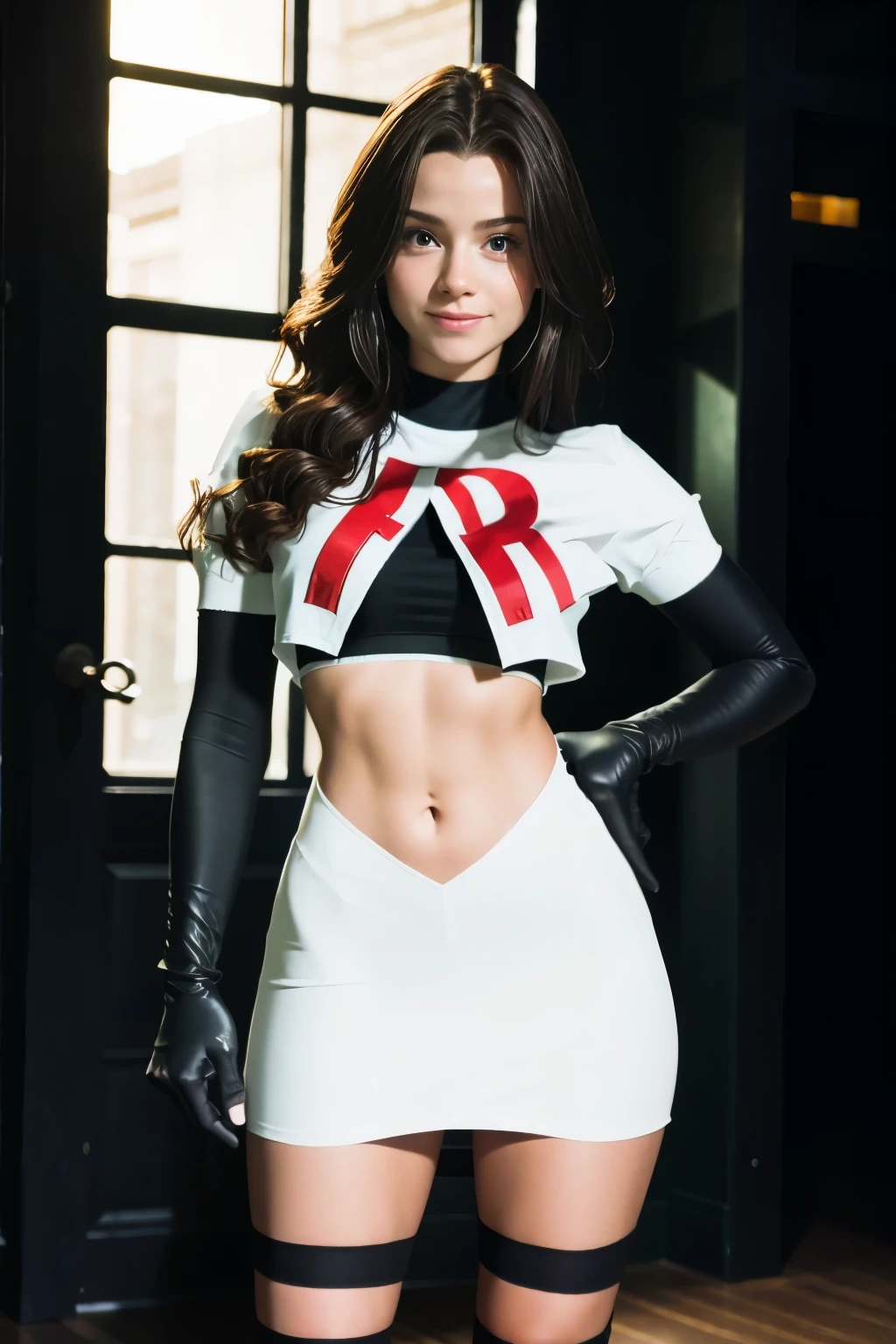 pernillamouritzen, a woman wearing team rocket,team rocket uniform,white skirt,red letter R,crop top,black thigh-highs,black elbow gloves,