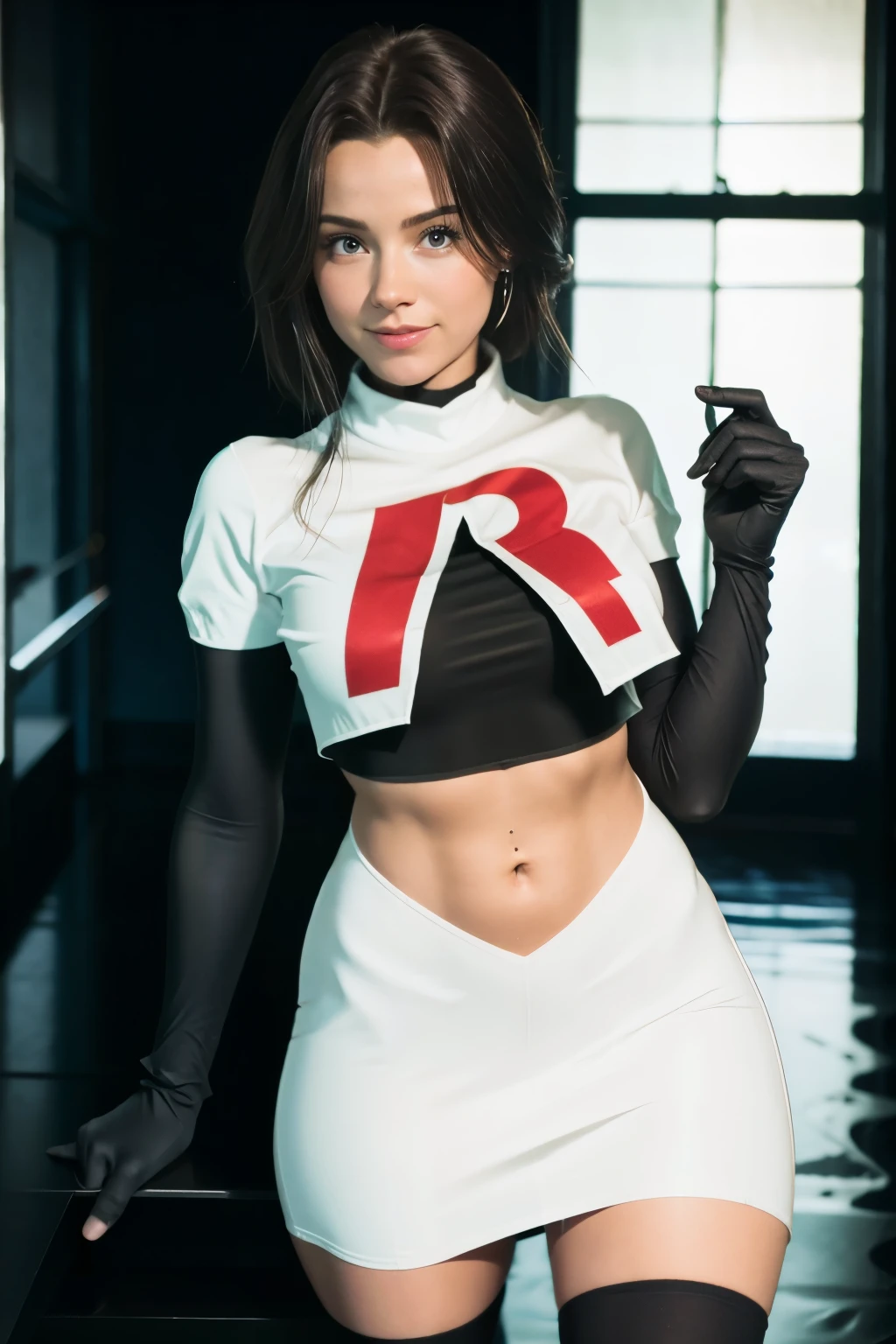 pernillamouritzen, a woman wearing team rocket,team rocket uniform,white skirt,red letter R,crop top,black thigh-highs,black elbow gloves,