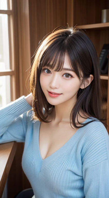 table top, highest quality, Photoreal, finely, High resolution, 8k wallpaper, perfect dynamic composition, beautiful and fine eyes, medium hair, Medium chest, random sexy poses,chest to chest、(Tight Blue Knitwear)、(chest bulge)、laughter、open your mouth、The tip of the tongue is visible、beautiful resort scenery、25 years old、(droopy eyes 1.4)、Adult beauty、Japanese