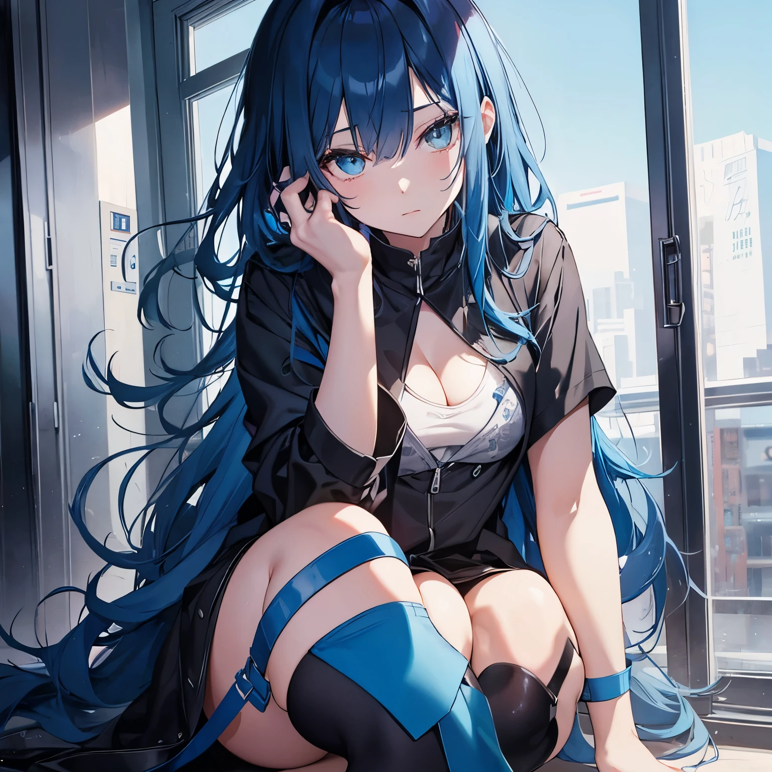 Blue hair, black hair, illness, long hair, two-dimensional beautiful girl