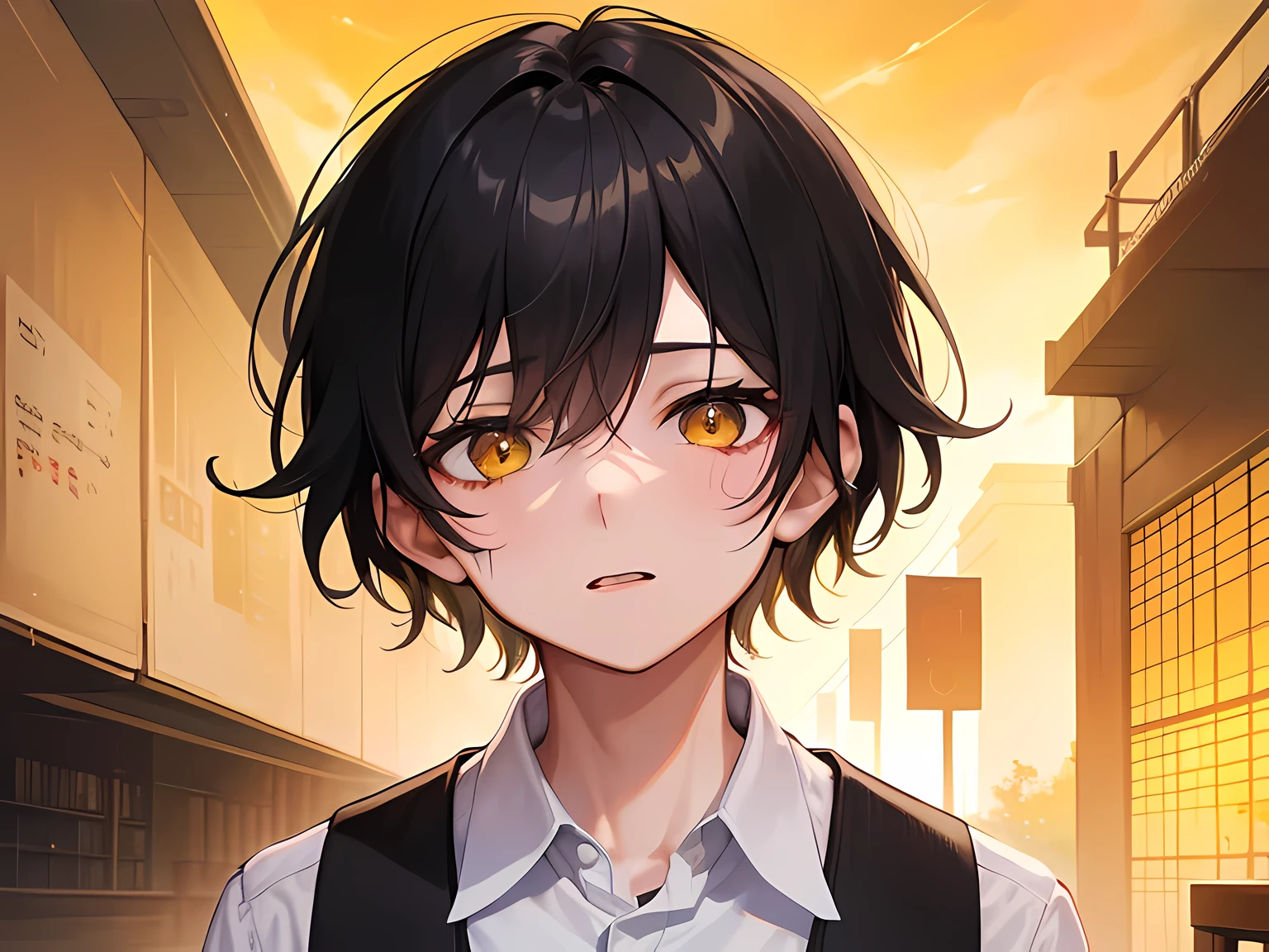 (1 young boy), (absurdres, highres, ultra detailed), half body illustration, front lighting, young boy, black hair, shorthair, scratched face full of wounds, bloody face, yellow eyes, white shirt, finely drawn eyes and detailed face, after a fight, korean school, school in the background