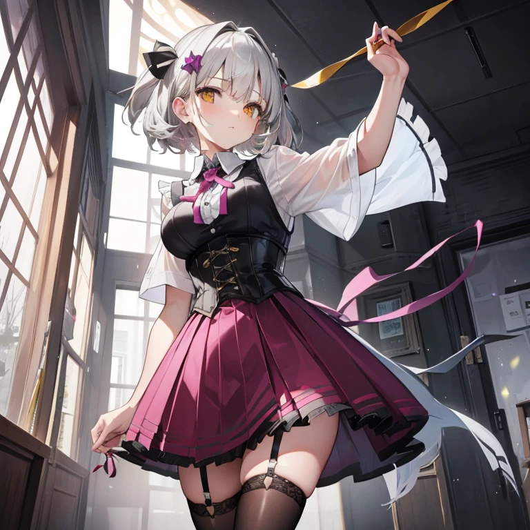 girl, gray hair, short haired, yellow eyes, small breasts, cat hair ornament, side lock, gray hair, shiny hair, uniform, (golden eyes: 1.2), (Two long triangular extensions at skirt, Best corset for the stomach), White buttons on vest corset, (Short sleeve strip shirt under vest corset), (Sleeves end close to the arm), (thick ribbon of black color on the neck,), ( Short Magenta Skirt),