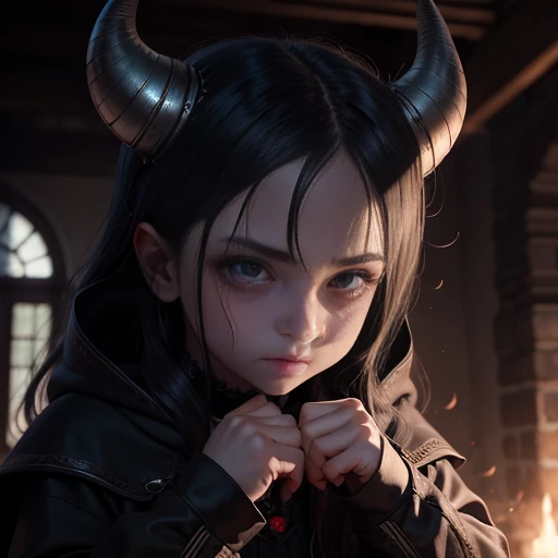 A demonic child, com olhos vermelhos brilhantes e presas afiadas, vestido com roupas pretas esfarrapadas, fica desafiadoramente na sala mal iluminada. Its horns curl menacingly above its forehead., and his clawed hands are clenched into fierce fists. Despite its sinister appearance, a mischievous gleam dances in his eyes as he contemplates his next prank. The shadows around you seem to pulse with malevolent energy., e as paredes outrora imaculadas carregam as cicatrizes de suas travessuras indisciplinadas. O quarto, cheio do cheiro acre de enxofre, is a clear indication that this is no ordinary child.