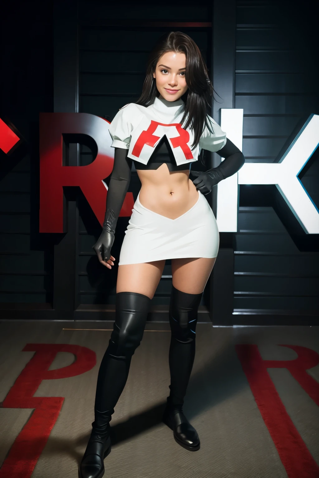 pernillamouritzen, a woman wearing team rocket,team rocket uniform,white skirt,red letter R,crop top,black thigh-highs,black elbow gloves,