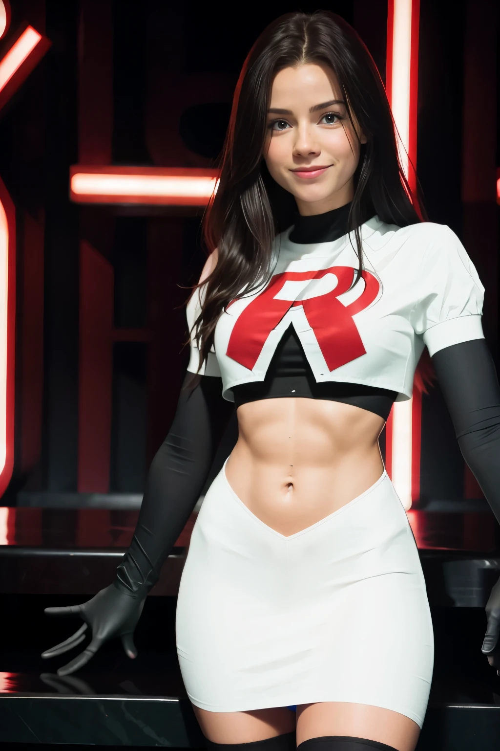 pernillamouritzen, a woman wearing team rocket,team rocket uniform,white skirt,red letter R,crop top,black thigh-highs,black elbow gloves,