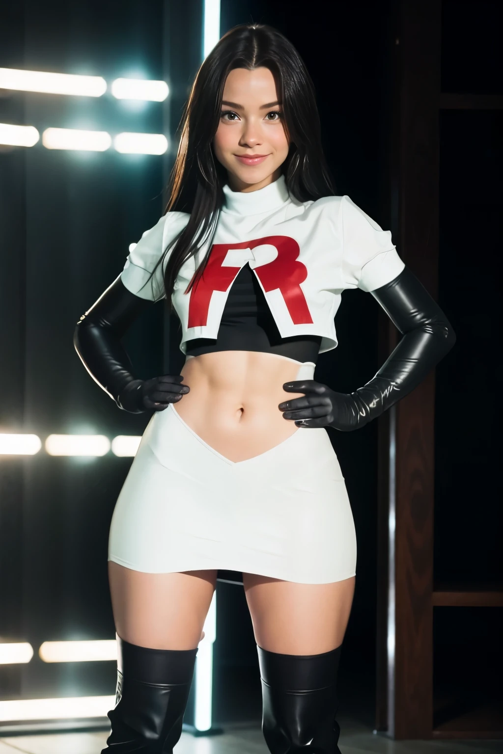 pernillamouritzen, a woman wearing team rocket,team rocket uniform,white skirt,red letter R,crop top,black thigh-highs,black elbow gloves,