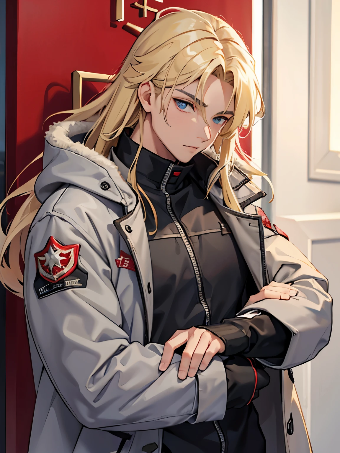 1boy, long blonde hair, big grey winter coat with a red star emblem on it