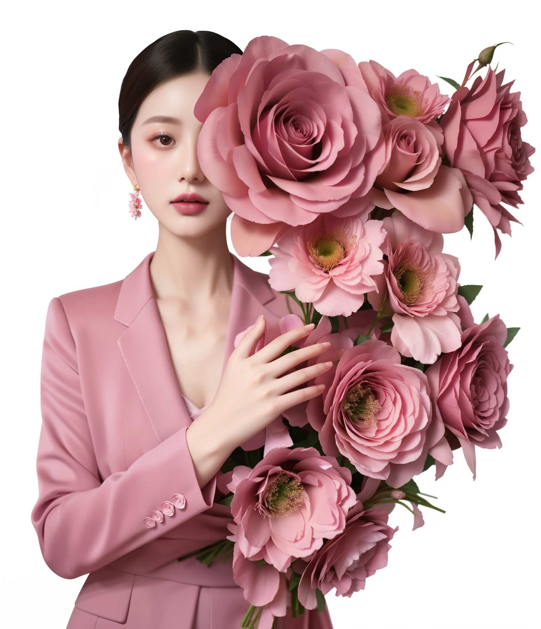 woman in a pink suit holding a bouquet of flowers, her face is a mauve flower, woman in flowers, inspired by Yanjun Cheng, digital art of an elegant, female portrait with flowers, floral couture, inspired by Jung Park, jingna zhang, korean woman, inspired by Fei Danxu, korean artist, elegant japanese woman, with flowers, rose tones