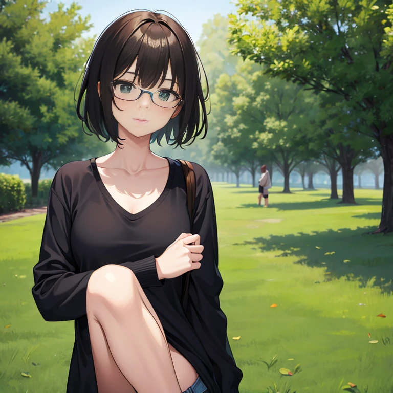 Punk girl in glasses and black shirt, Blurred green grass and trees on background, short brown hair, detailed face, high quality, High resolution