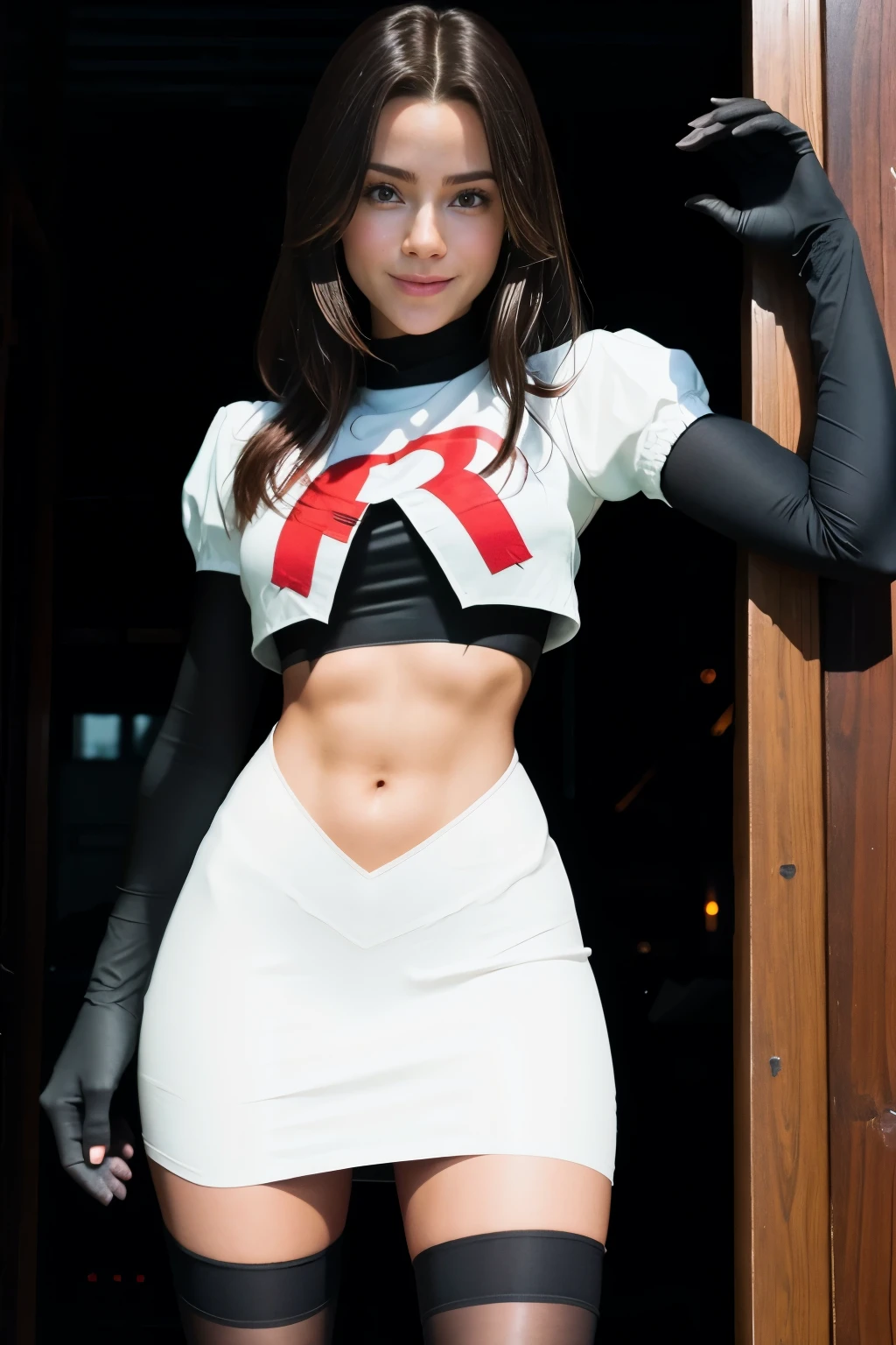 pernillamouritzen, a woman wearing team rocket,team rocket uniform,white skirt,red letter R,crop top,black thigh-highs,black elbow gloves,