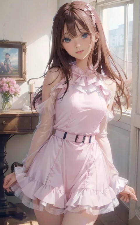 (masterpiece++, best quality++, ultra-detailed+, extremely detailed++, 4K, 8K+, best quality, beautiful+, anime style,1person,full body image,room,pink girly white mimi onepiece dress,leather belt,tight belt,beautiful straight brown hair,beautiful blue eyes, beautiful eyes++,long straight hair